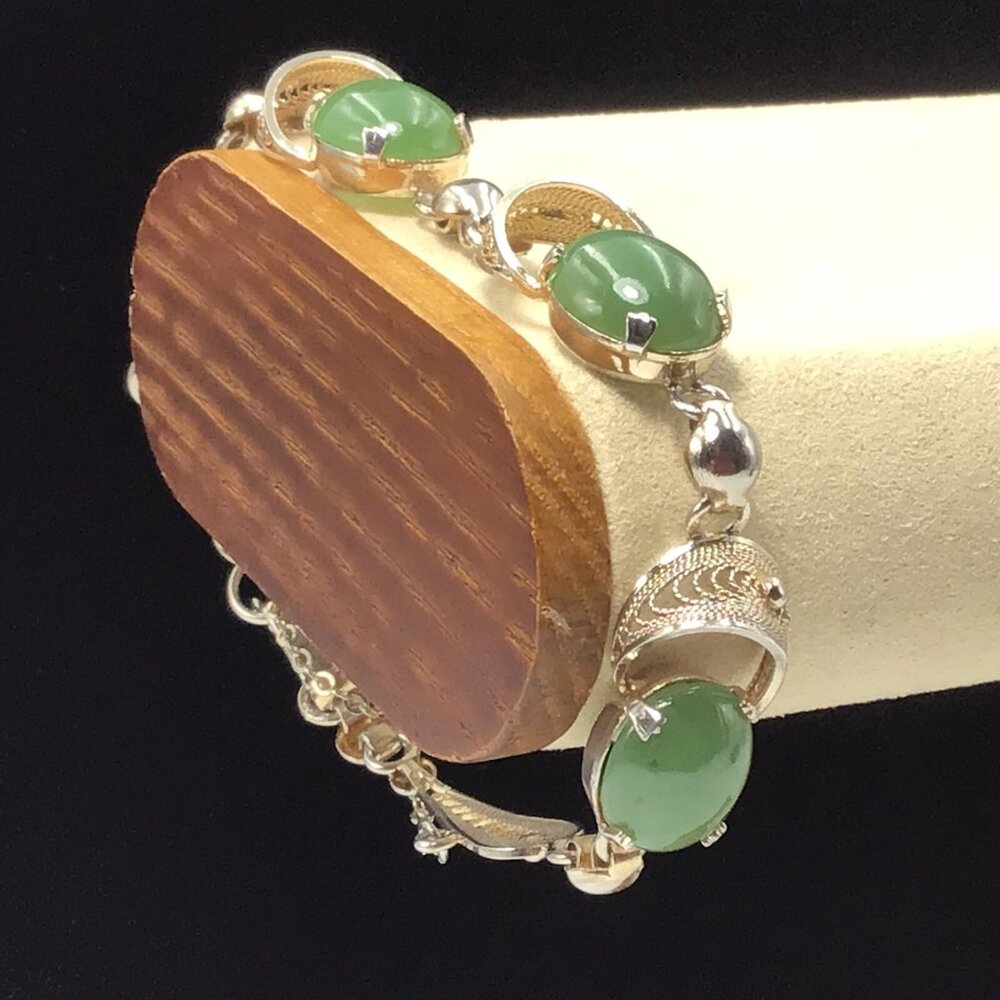 Vintage Sterling Silver Nephrite Jade Bracelet 6.75” 10.5gms